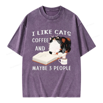 Pagewings I Like Cats Coffee And Maybe 3 People Unisex Washed T-shirt