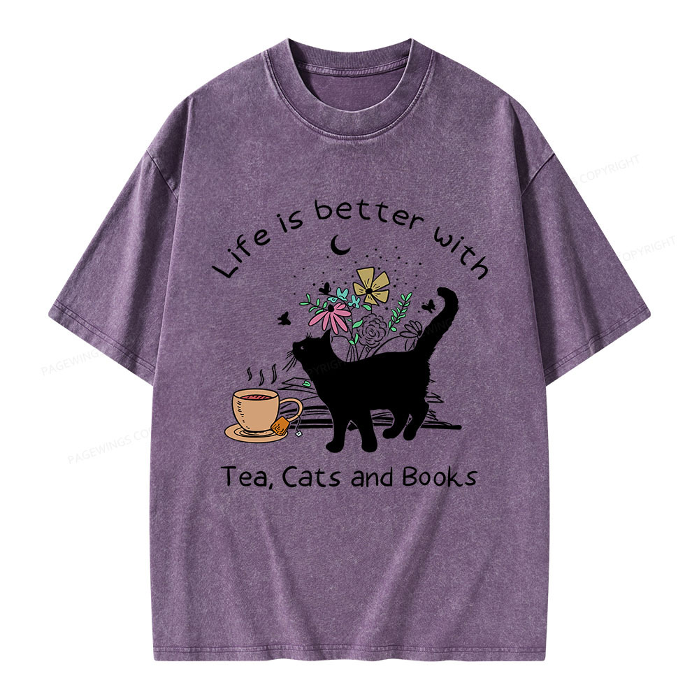 Pagewings Life Is Better With Tea Cats And Books Unisex Washed T-shirt