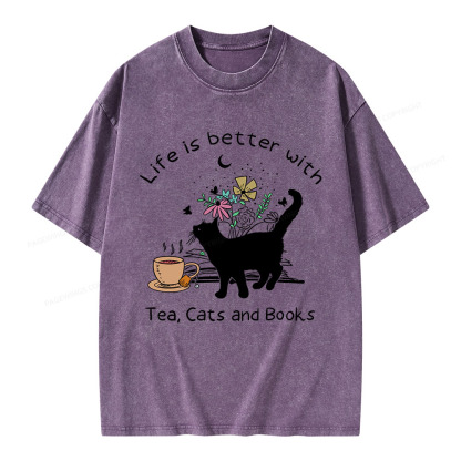 Pagewings Life Is Better With Tea Cats And Books Unisex Washed T-shirt