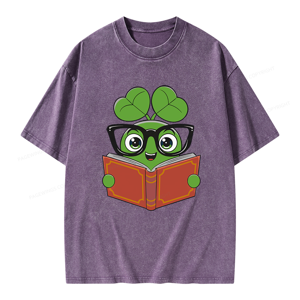 Pagewings Cute Reading Clover Tee Lucky Bookworm T-Shirt Unisex Washed T-shirt
