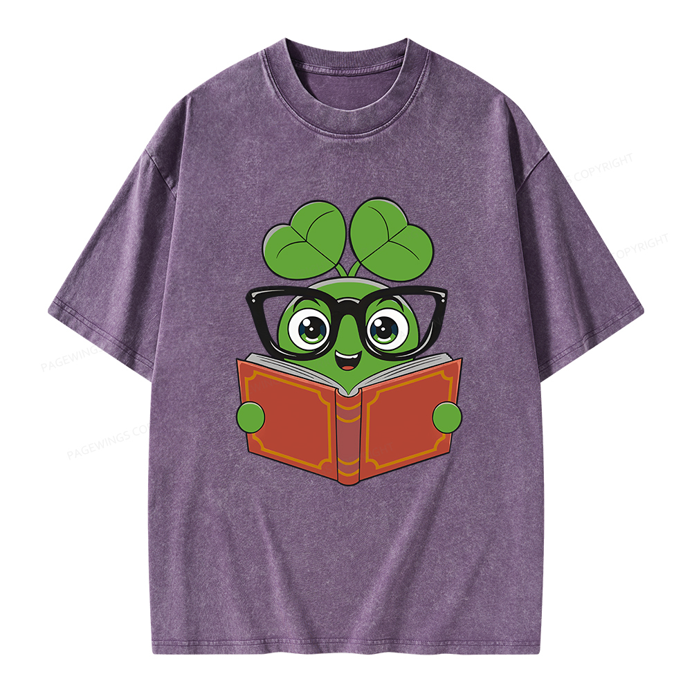 Pagewings Cute Reading Clover Tee Lucky Bookworm T-Shirt Unisex Washed T-shirt