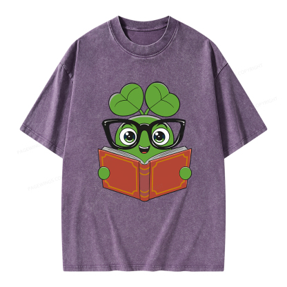 Pagewings Cute Reading Clover Tee Lucky Bookworm T-Shirt Unisex Washed T-shirt