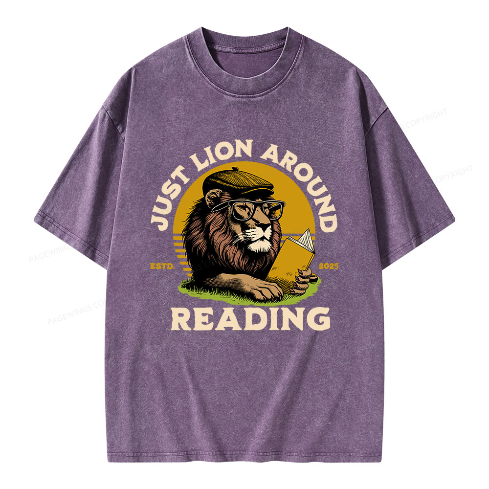 Pagewings Just Lion Around Reading Unisex Washed T-shirt
