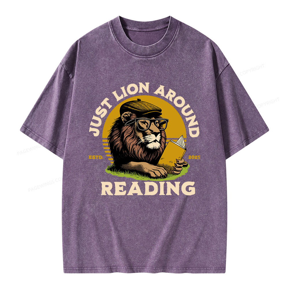 Pagewings Just Lion Around Reading Unisex Washed T-shirt