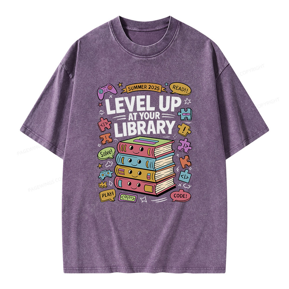 Pagewings Level Up at Your Library Summer 2025 Unisex Washed T-shirt