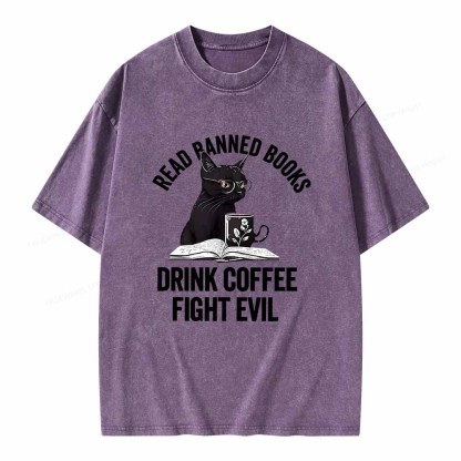 Pagewings Read Books Drink Coffee Fight Evil Shirt Unisex Washed T-shirt