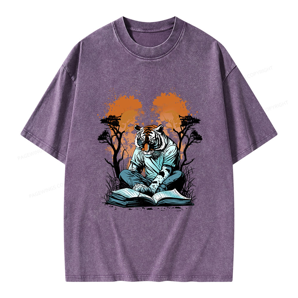 Pagewings Tiger Reading A Book Unisex Washed T-shirt