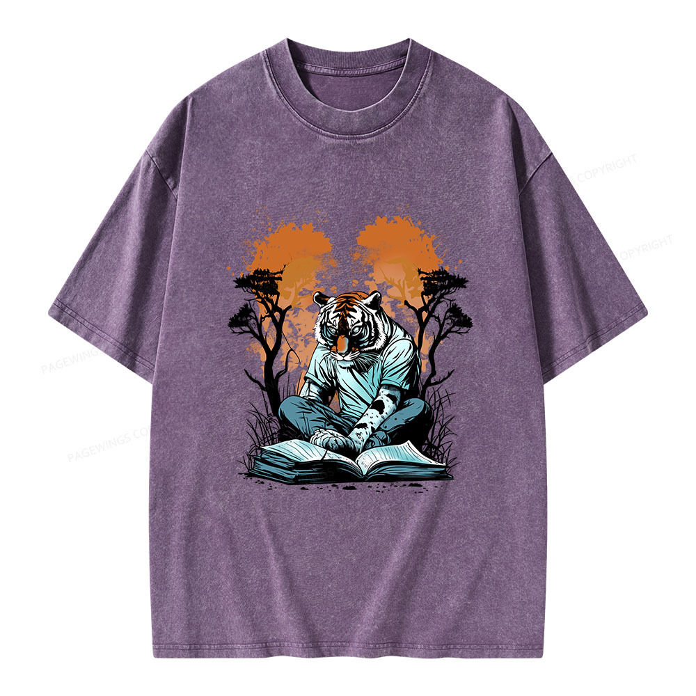 Pagewings Tiger Reading A Book Unisex Washed T-shirt