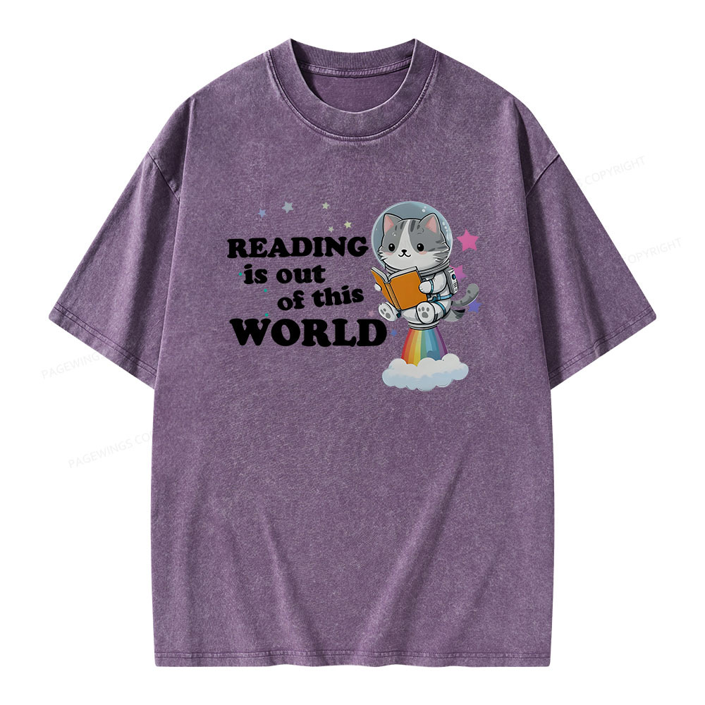 Pagewings Cat Reading in Space Unisex Washed T-shirt