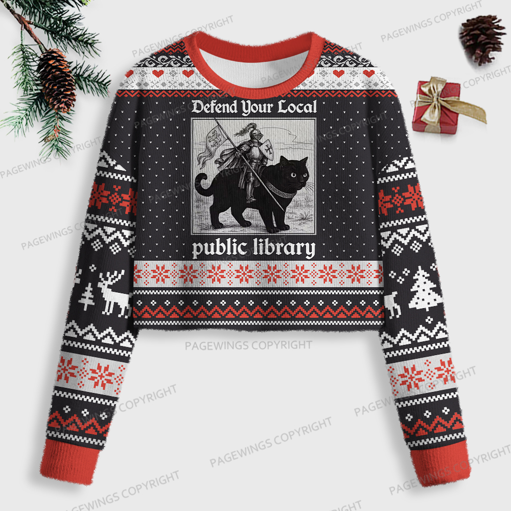 Pagewings Defend Your Local Public Library Women Ugly Crop Sweatshirt