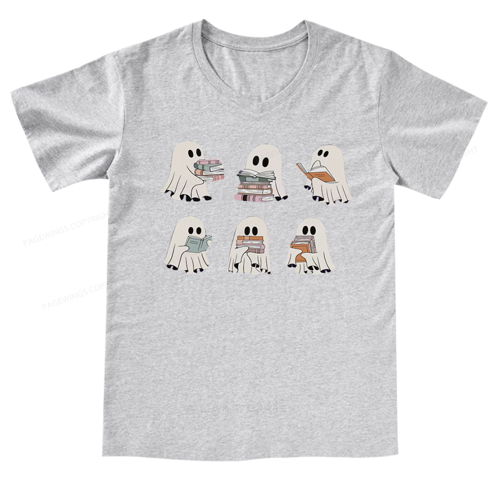 Pagewings Ghost Reading Halloween V-neck T-shirt
