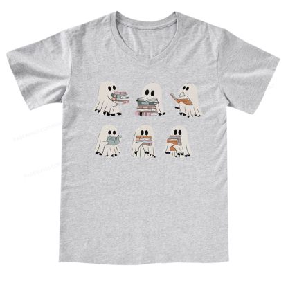 Pagewings Ghost Reading Halloween V-neck T-shirt