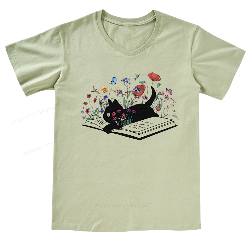Pagewings Cute Book Cat V-neck T-shirt 