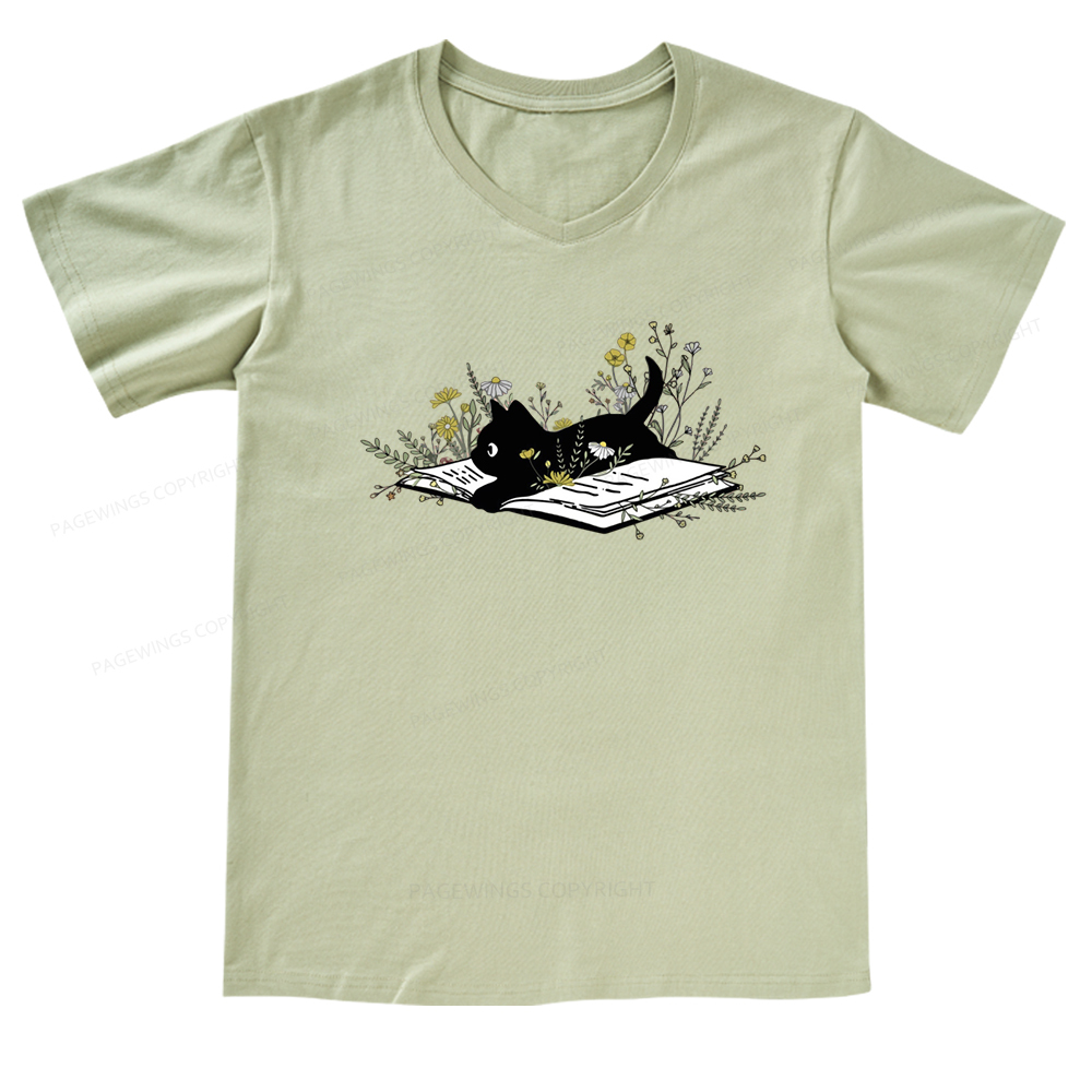 Pagewings Cute Book Cat V-neck T-shirt 