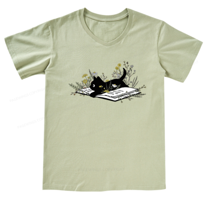 Pagewings Cute Book Cat V-neck T-shirt 