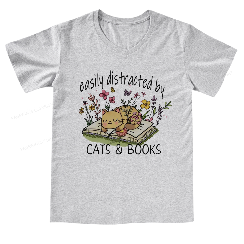 Pagewings Easily Distracted By Cats And Books V-neck T-shirt