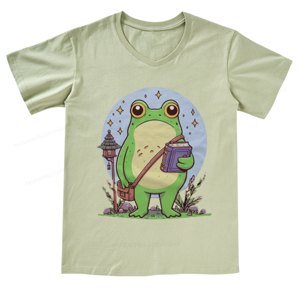 Pagewings Frog Reading Book V-neck T-shirt