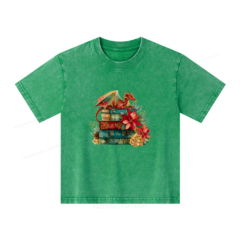 Pagewings Christmas Book Dragon Unisex Kids Washed T-shirt