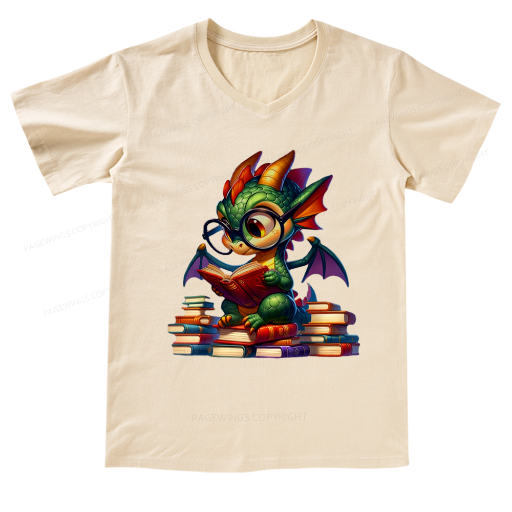 Pagewings Dragon And Books V-neck T-shirt