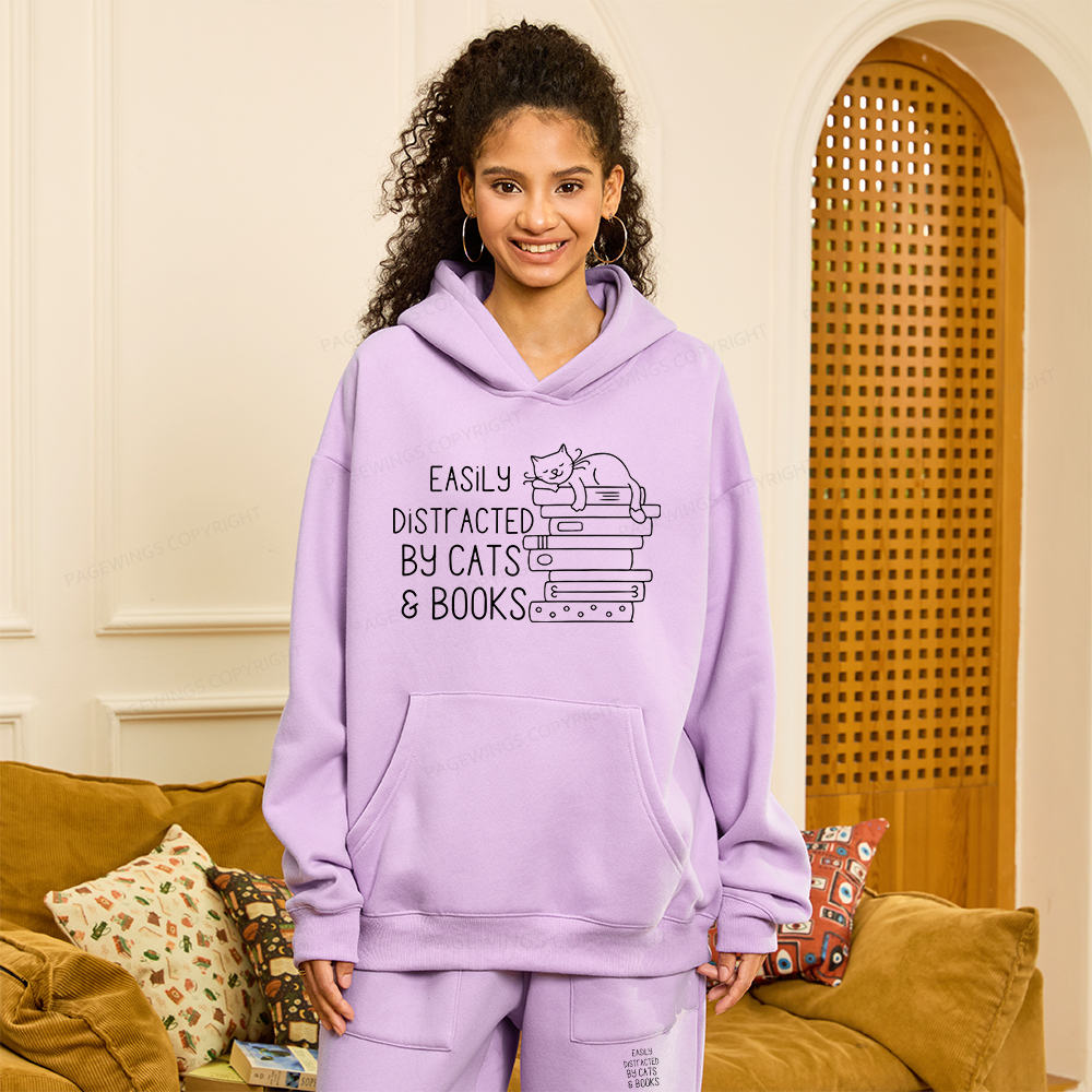 Pagewings Easily Distracted By Cats and Books Unisex Fleece Hoodie Set