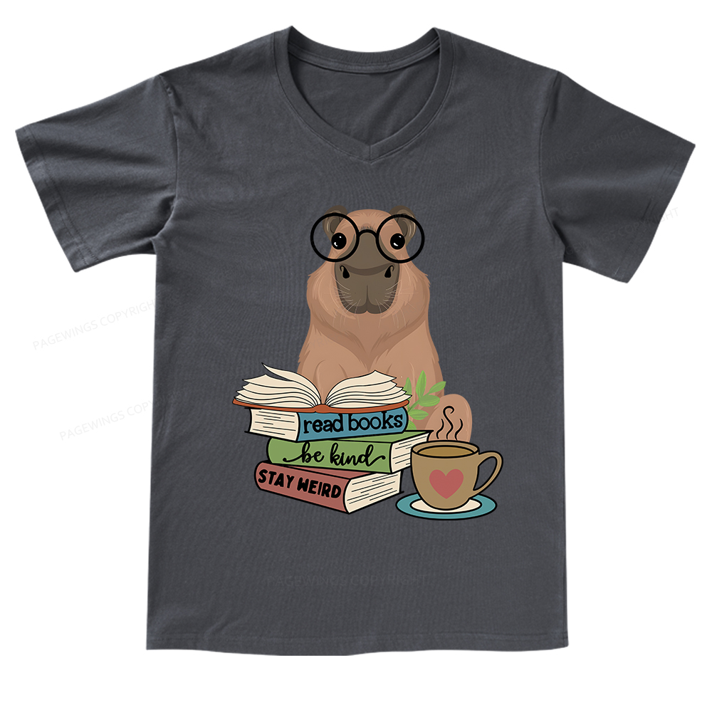 Pagewings Capybara Reading V-neck T-shirt