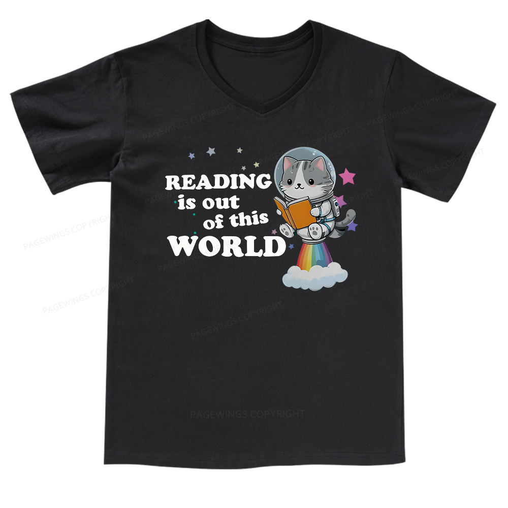 Pagewings Cat Reading in Space V-neck T-shirt