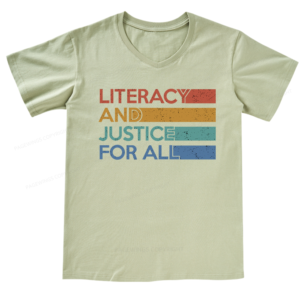 Pagewings Literacy and Justice For All V-neck T-shirt 