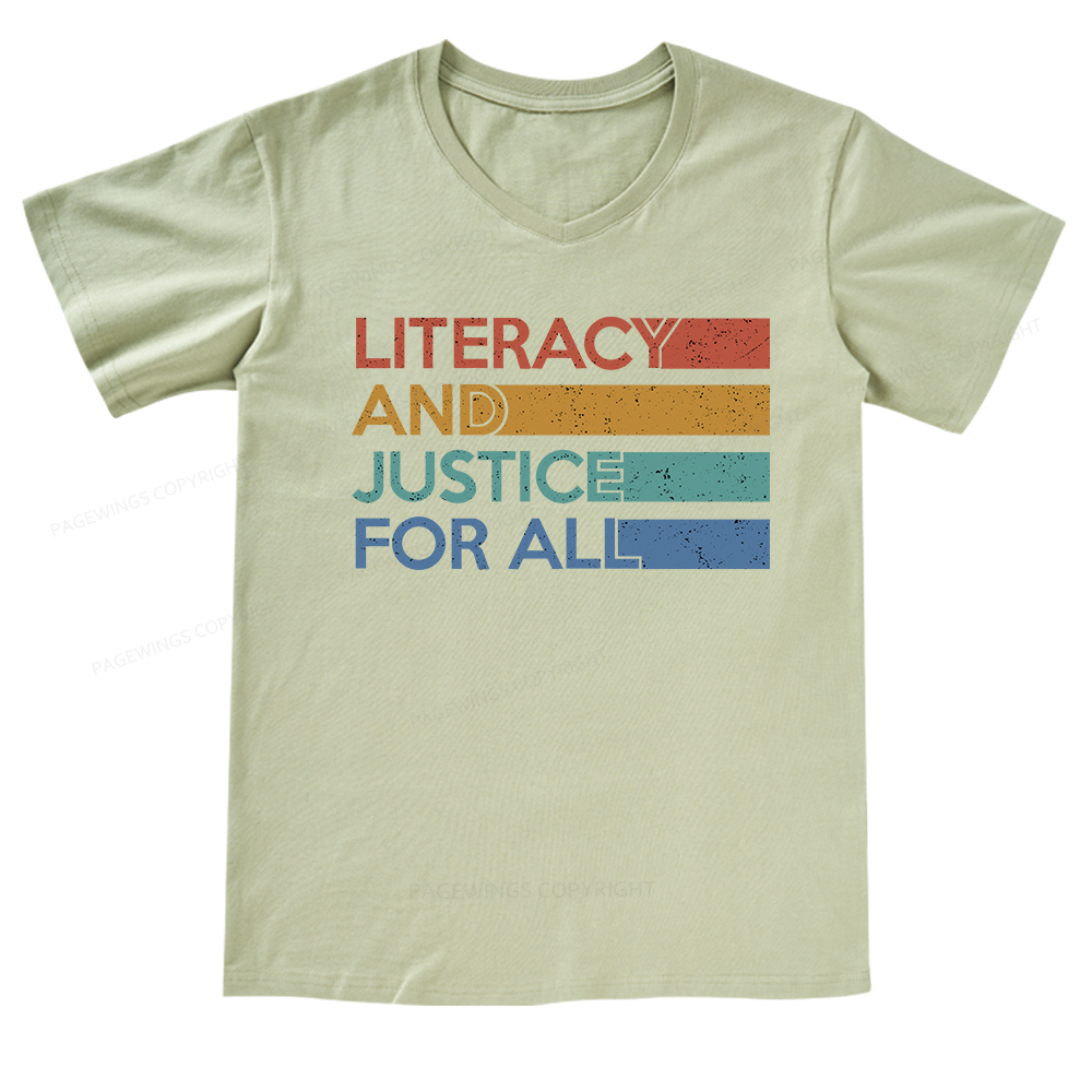 Pagewings Literacy and Justice For All V-neck T-shirt 