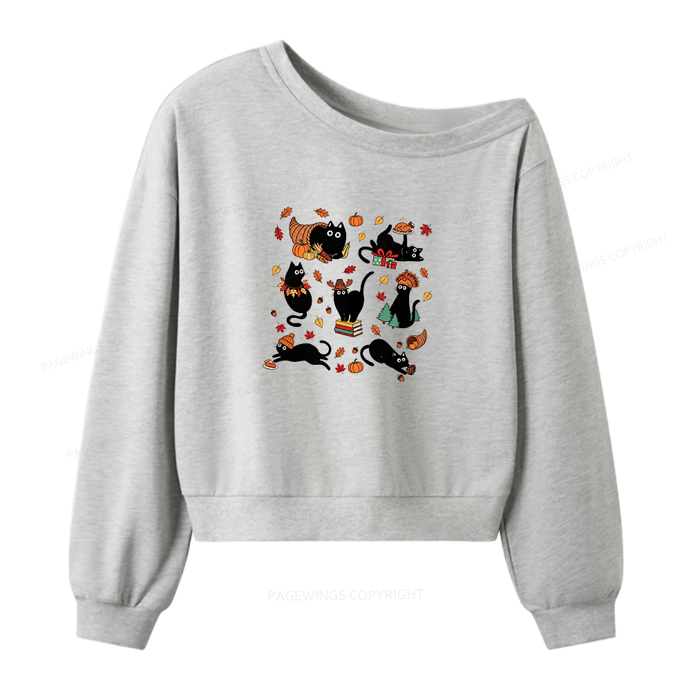 Pagewings Thanksgiving Cat Women Off Shoulder Sweatshirt