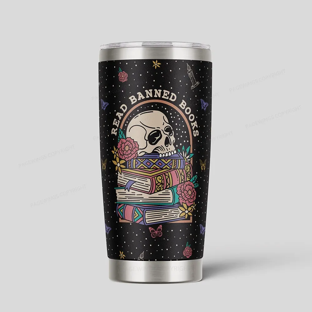 [Copy]Pagewings Read Banned Books Skeleton Halloween Goth Protest Tumbler