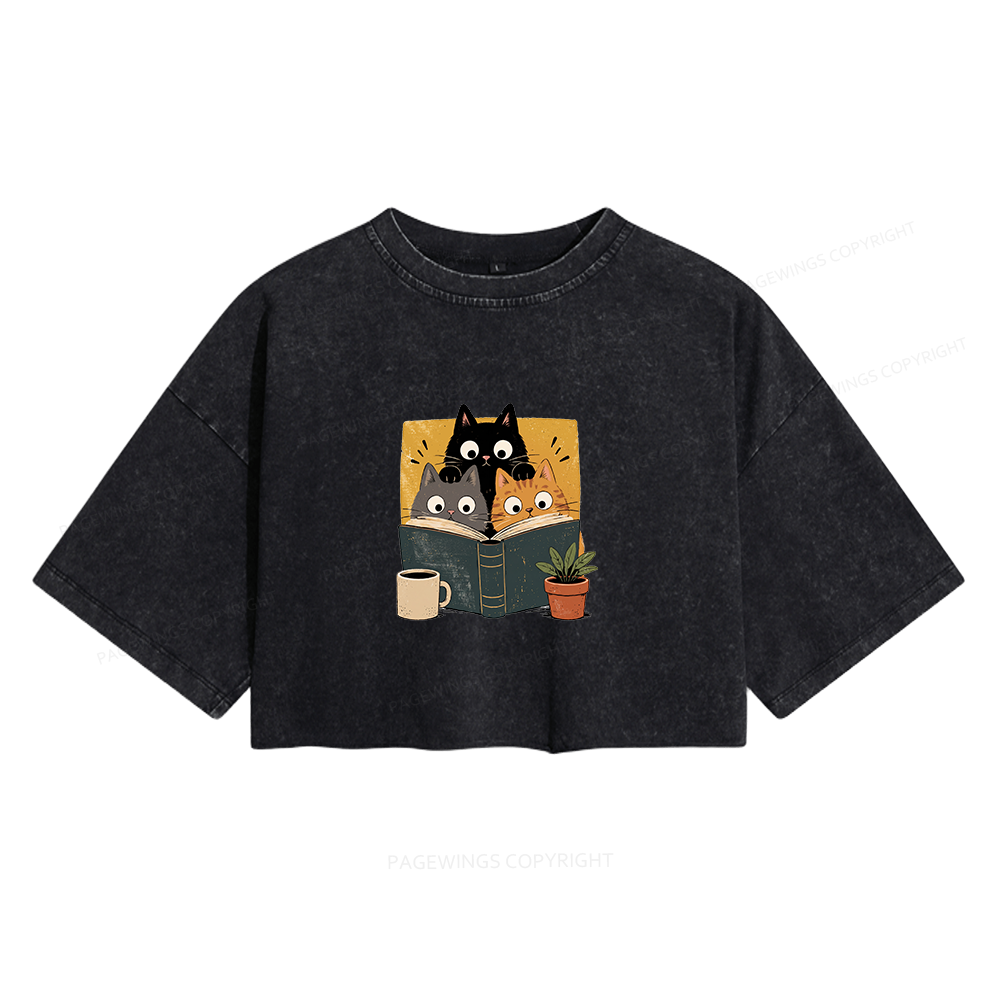 Pagewings Retro Curious Reading Cats Women's Washed Cropped T-shirt