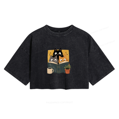 Pagewings Retro Curious Reading Cats Women's Washed Cropped T-shirt