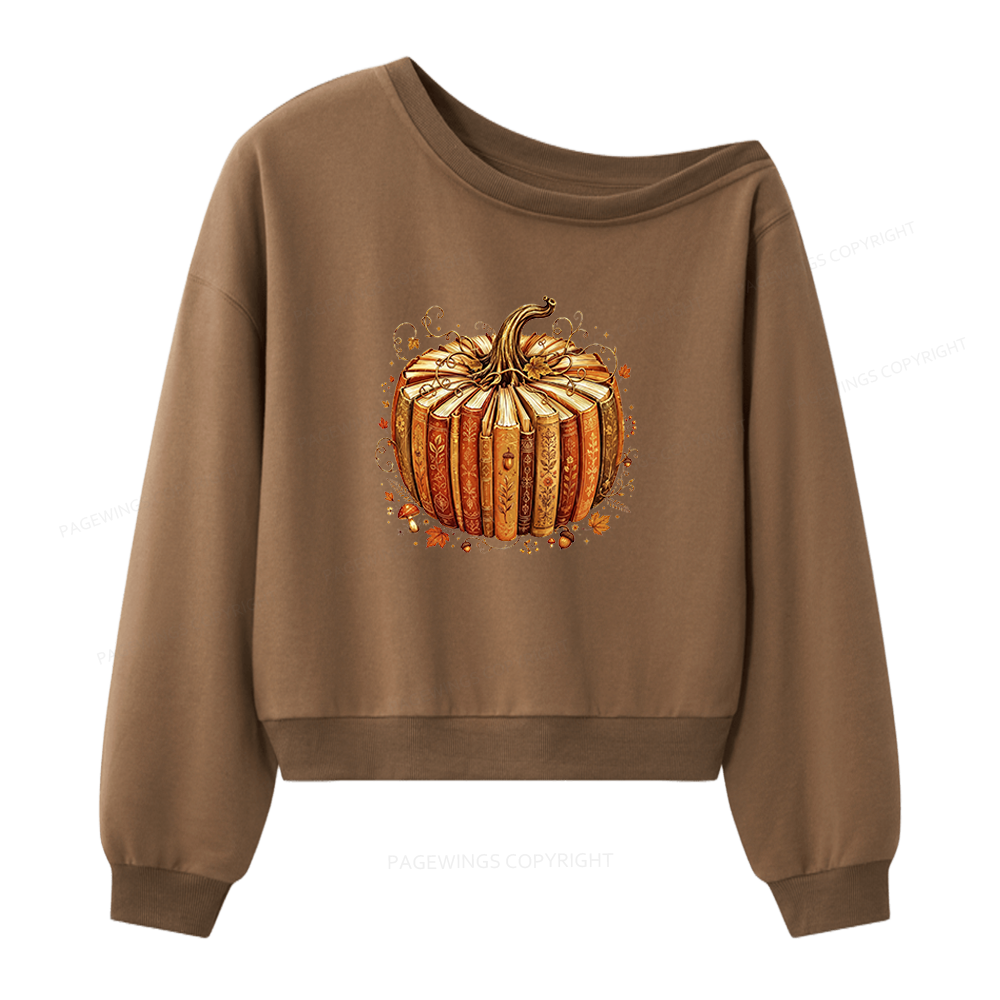 Pagewings Fall Book Pumpkin Women Off Shoulder Sweatshirt