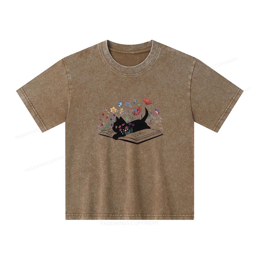 Pagewings Cute Book Cat Unisex Kids Washed T-shirt