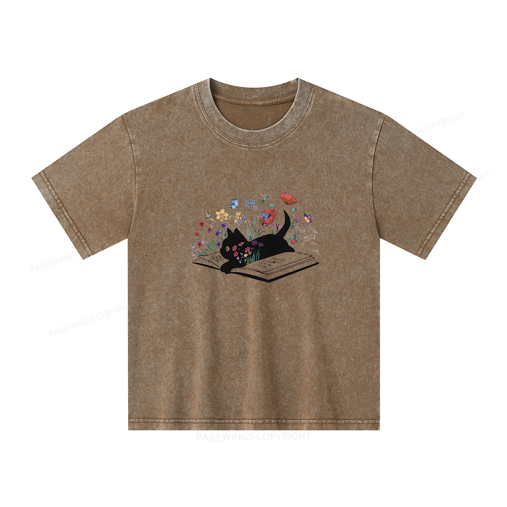 Pagewings Cute Book Cat Unisex Kids Washed T-shirt