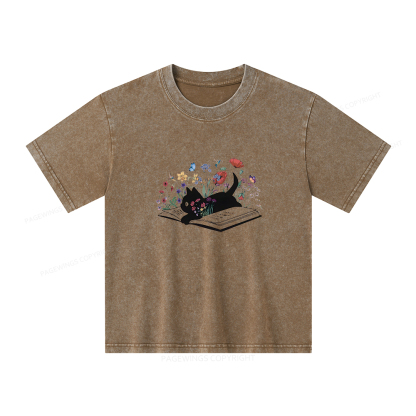 Pagewings Cute Book Cat Unisex Kids Washed T-shirt