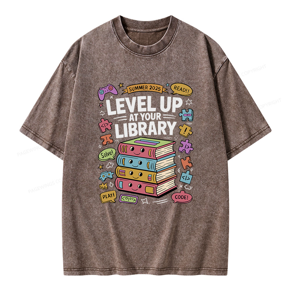 Pagewings Level Up at Your Library Summer 2025 Unisex Washed T-shirt