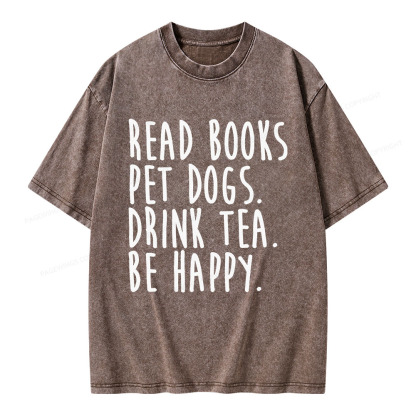 Pagewings Read Book Pet Dogs Drink Tea Be Happy Unisex Washed T-shirt