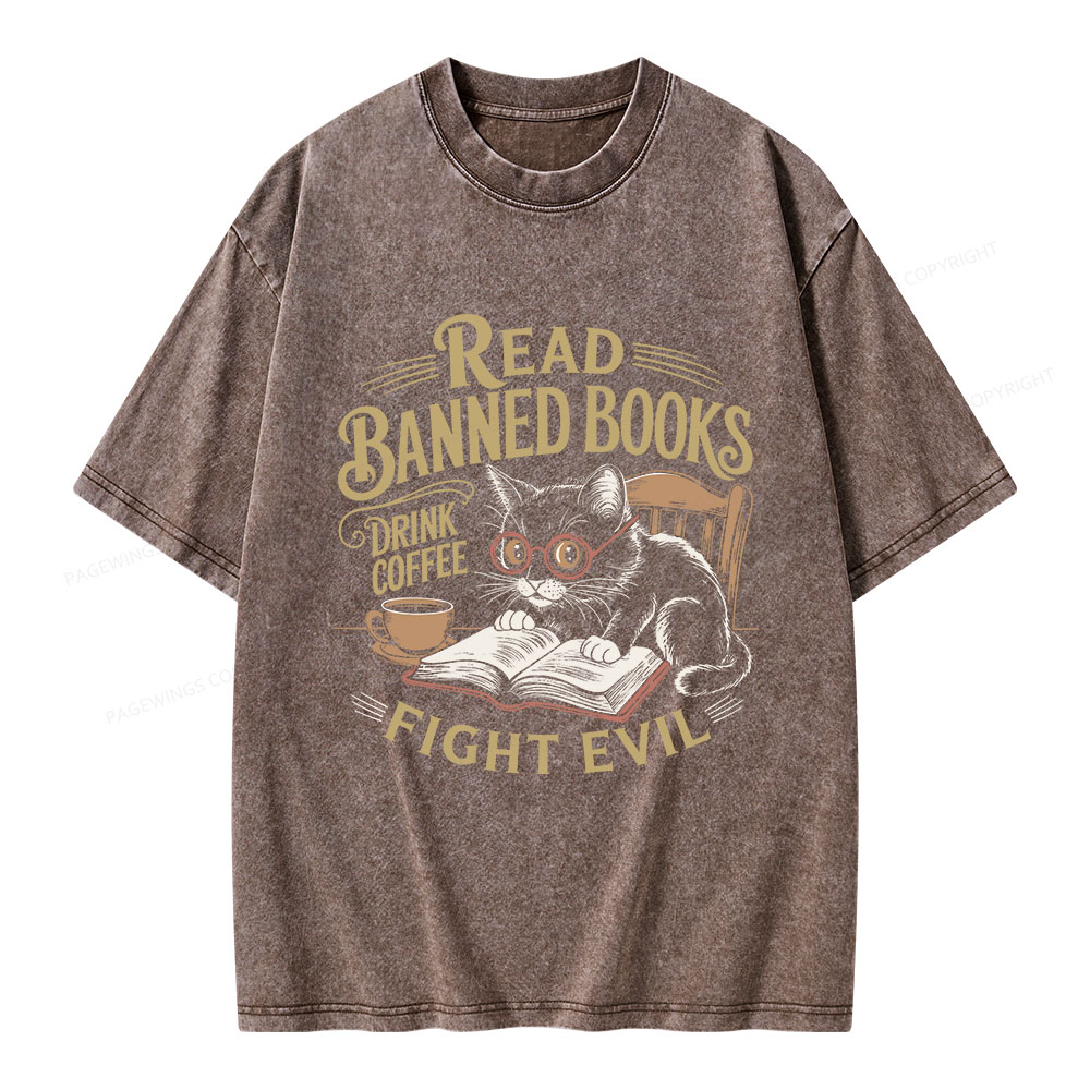 Pagewings Read Books Drink Coffee Fight Evil Unisex Washed T-shirt