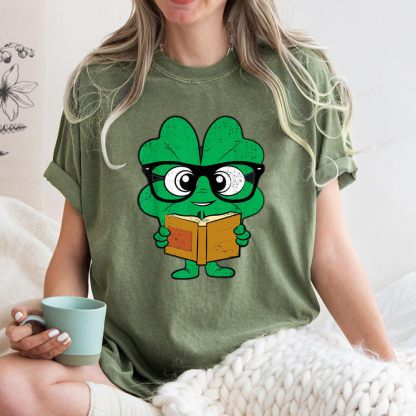 Pagewing Shamrock Reading Books St Patricks Day Unisex Washed T-shirt