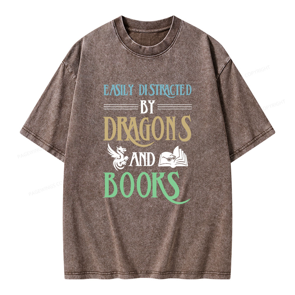 Pagewings Easily Distracted By Dragons And Books Unisex Washed T-shirt