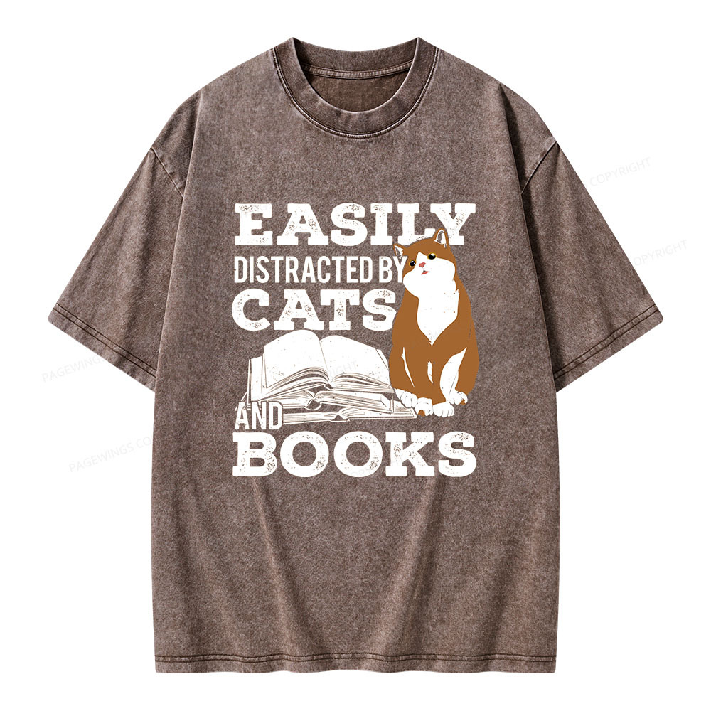 Pagewings Easily Distracted By Cats And Books All Year Unisex Washed T-shirt