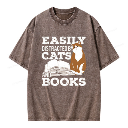 Pagewings Easily Distracted By Cats And Books All Year Unisex Washed T-shirt