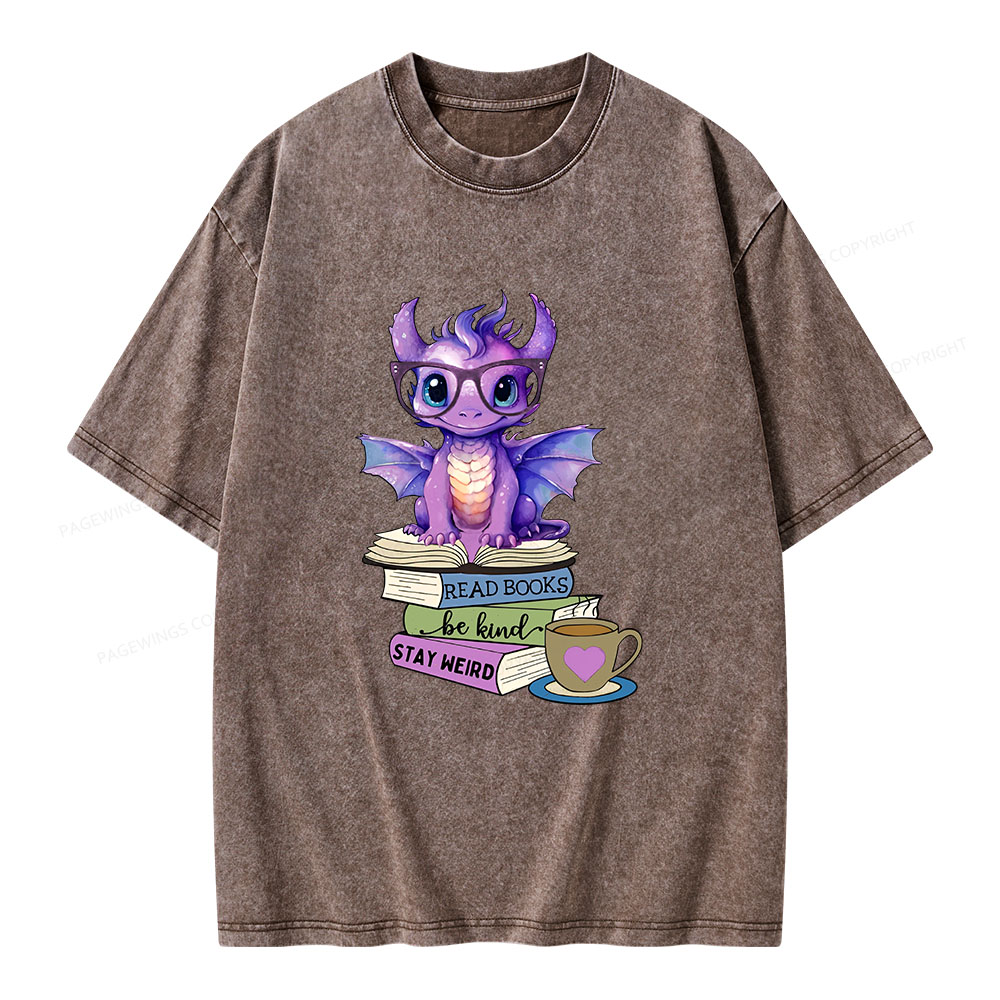 Pagewings Dragon Read Books Be Kind Stay Weird Unisex Washed T-shirt