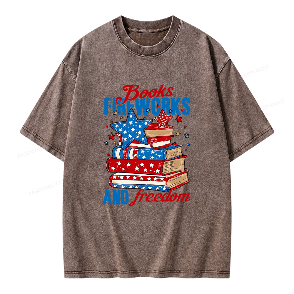Pagewings Books Fireworks and Freedom Retro Unisex Washed T-shirt