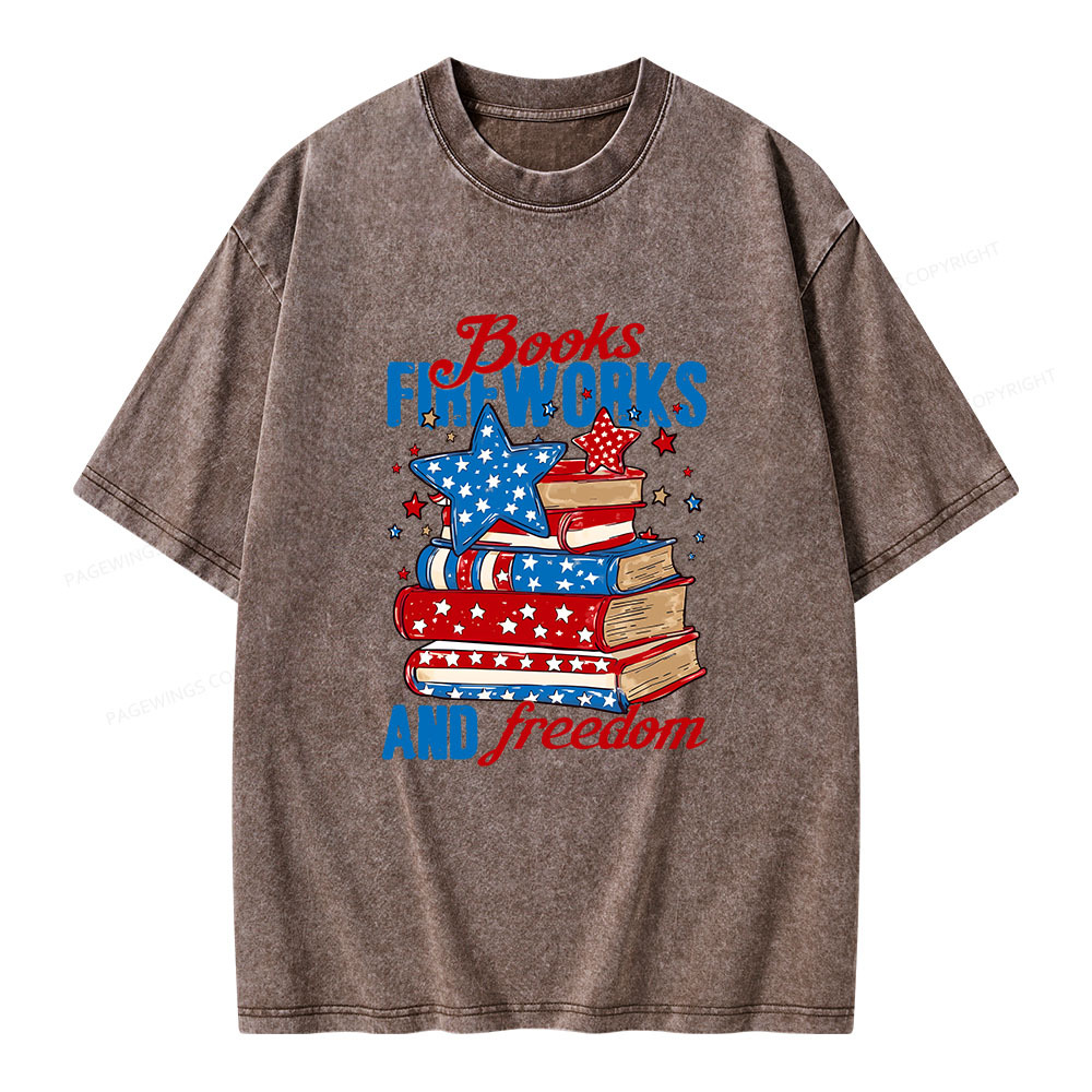 Pagewings Books Fireworks and Freedom Retro Unisex Washed T-shirt