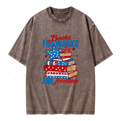 Pagewings Books Fireworks and Freedom Retro Unisex Washed T-shirt