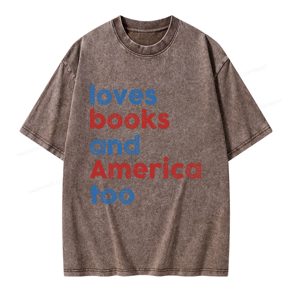 Pagewings Loves Books and America Too Unisex Washed T-shirt