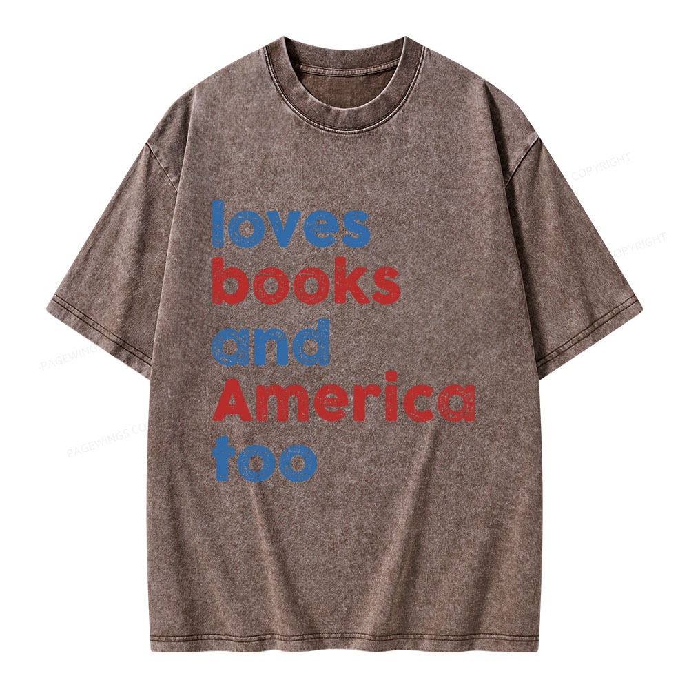 Pagewings Loves Books and America Too Unisex Washed T-shirt