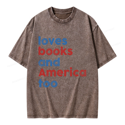 Pagewings Loves Books and America Too Unisex Washed T-shirt